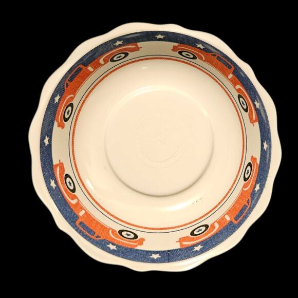 Vintage Melamine Kids Bowls Set of 4 Cars Stars Denim Blue Orange Scalloped Edge - Picture 2 of 6